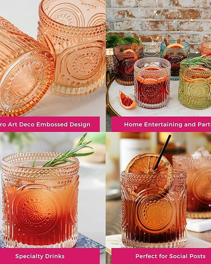 Ribbed Retro Arch Floral Rose Gold Drinking Glasses Set of 6, (10 oz) Vintage Glassware Set by Kate Aspen| Cocktail Glass Set, Juice Glass, Water Cups | Great Hostess Gift & Gift for New Home Owners