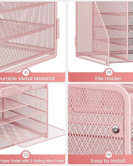 Lavatino Desk Organizer, 5-Tier Metal Mesh Paper Letter Tray with File Holder & 7 Flexible Dividers for Office or Home Desk Organizers and Accessories, Keep Workspace Supplies Neat & Organized, Pink