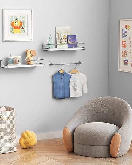 Forbena White Floating Shelves for Bathroom Organizer Over Toilet, Bathroom Shelves Wall Mounted with Towel Rack, Corner Wall Shelf for Bedroom Decor Kitchen Storage (White-Dark Grey, Set of 2)