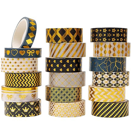 YUBBAEX 18 Rolls Black Gold Washi Tape Set Basic Patterns Foil Print Decorative Tapes for Arts, DIY Crafts, Bullet Journals, Planners, Scrapbook, Wrapping (15mm) (Black Gold Pack x 18 Rolls)
