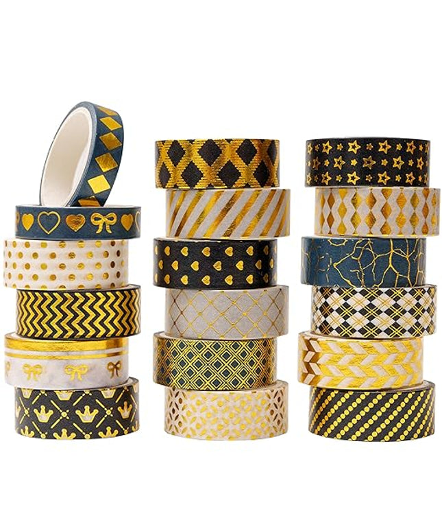 YUBBAEX 18 Rolls Black Gold Washi Tape Set Basic Patterns Foil Print Decorative Tapes for Arts, DIY Crafts, Bullet Journals, Planners, Scrapbook, Wrapping (15mm) (Black Gold Pack x 18 Rolls)