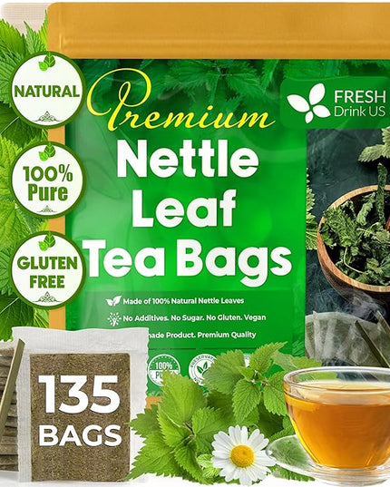 FreshDrinkUS, Premium 135 Nettle Leaf Tea Bags, 100% Natural & Pure, Stinging Nettle Leaf Tea, Burn Nettle, Stinging Nettle, Stinger Tea, No Sugar/Caffeine/Gluten, Vegan