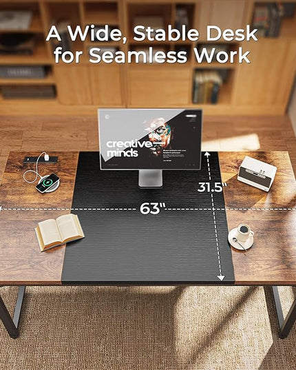 Huuger 63 x 31.5 inch Desk with Power Outlets & USB-C, 1.2 Inch Thicker Desktop, Robust Metal Tubes, Deep Computer Desk, Heavy Duty Office Desk, Work Desk, Rustic Brown and Black