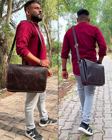 Leather Messenger Bag for Men 14" Leather Laptop Bag Vintage Crossbody Office Satchel Travel Shoulder Bag