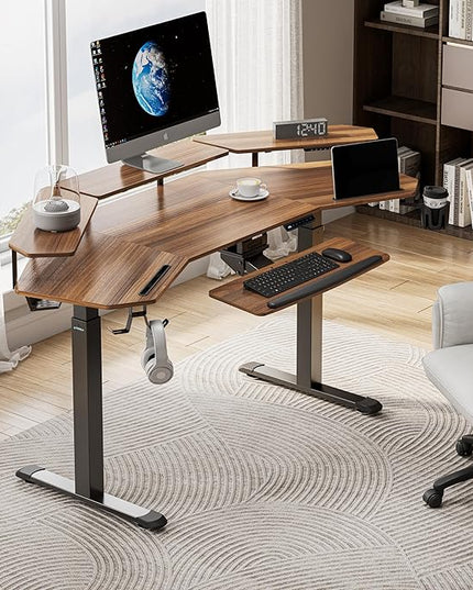 EUREKA ERGONOMIC Standing Desk Adjustable Height, Computer Desk w Keyboard Tray 72" Gaming Music Studio Desk LED Monitor Stand,Dual Motor,Slot Design,Walnut