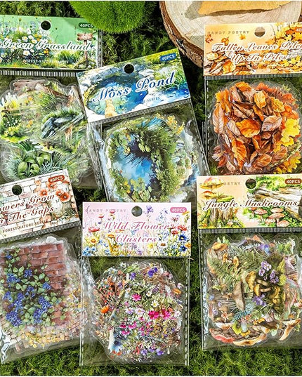 Nature Landscape Scrapbooking Sticker Set, 240 Pieces, 6 Themes Transparent PET Stickers for Journaling, Junk Journal Supplies, Planner, Collage, Bujo, Mixed Media, DIY Crafts Arts