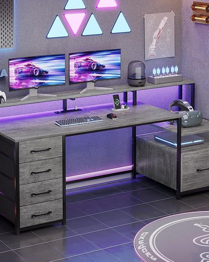 SEDETA Home Office Desk with File Drawer & Power Outlet, 66'' Computer Desk with 5 Drawer, Storage Shelves, Printer Cabinet and Monitor Shelf, Gaming Desk with Led Lights, Grey