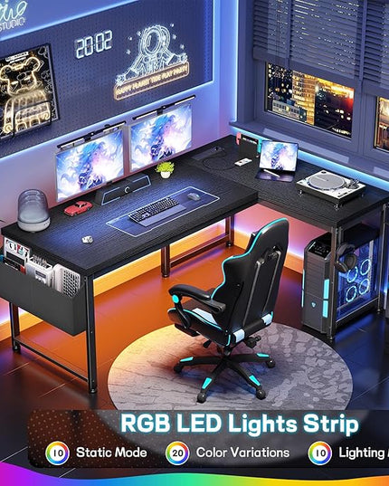 Gaming Desk with Power Outlets & Storage Bag and LED Lights, L Shaped Desk with 0.95 Inch Thicker Desktop, Reversible Computer Desk for Home Office, Study Room, Living,Bedroom, Black