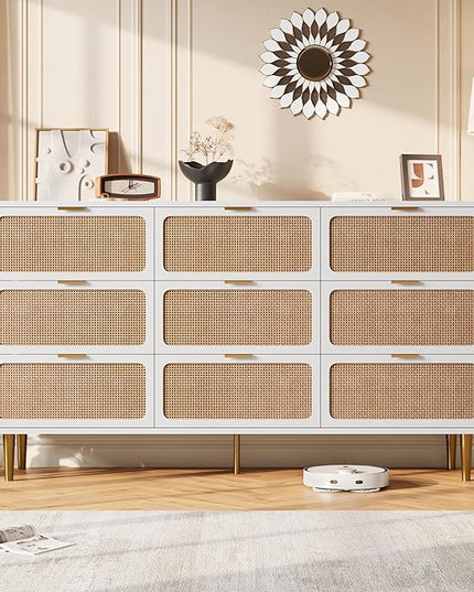 Garvee Rattan Dresser with 9 Drawers, Tall Modern Closet with Deep Storage, Large Chest of Drawers with Wide Top, Long Wooden Dresser for Bedroom, Living Room, Hallway, Kids Room, White