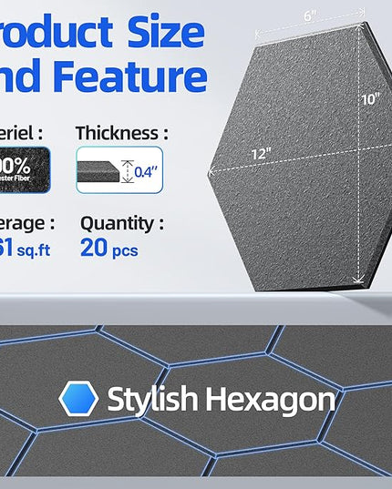 20 Pack Hexagon Acoustic Panels with Self-Adhesive, 12" X 10" X 0.4" Sound Proof Foam Panels for Walls, High Density Soundproof Wall Panels, Sound Dampening Panels for Home Studio Decor Office - Black