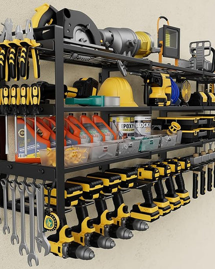 49.4'' Large Power Tool Organizer Wall Mount, 4-Tier Tool Storage Rack with 12 Drill Holders, 600LBS Load Heavy Duty Cordless Tool Shelf for Garage Organization, Gift for Men