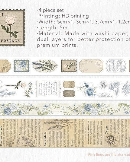 WT Petals & Parchment Washi Sticker Tape Set, 4 Rolls, Original Vintage Floral Designs, Decorative Masking Tape for DIY Crafts, Journaling, Scrapbooking, Planners, and Adhesive Paper Stickers