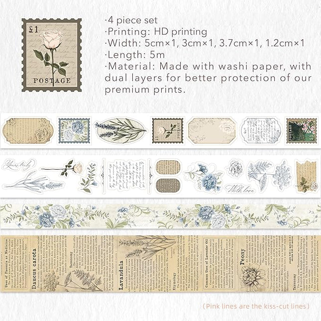 WT Petals & Parchment Washi Sticker Tape Set, 4 Rolls, Original Vintage Floral Designs, Decorative Masking Tape for DIY Crafts, Journaling, Scrapbooking, Planners, and Adhesive Paper Stickers