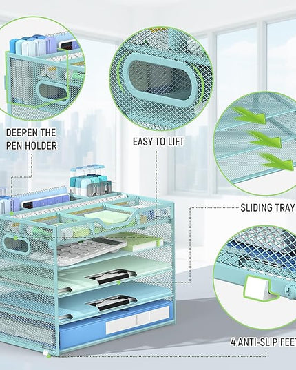 Docnest 5 Tier Mesh Desk Organizer- Letter Tray with Adjustable Compartments, Mesh Desktop Storage Built in Pen Holder and Handles, Desk Organizer Tray for Mail Documents Office Supplies-Blue