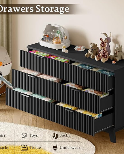 BORNOON 53" Long Dresser for Bedroom, 6-Drawer Dresser with Fluted Fronts, Wide Wood Chest of Drawers, Smooth Metal Slides, Stable Base, Modern Clothes Storage Cabinet for Living Room, Hallway