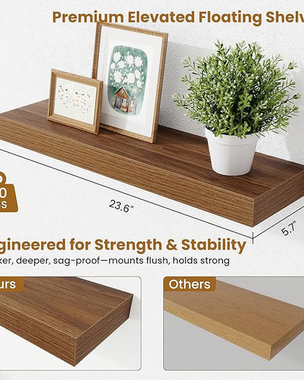Fun Memories Floating Shelves Set of 2, 24 Inch Floating Shelves for Wall, Wood Wall Shelves with Invisible Brackets, for Bathroom, Bedroom, Living Room, Kitchen, Walnut