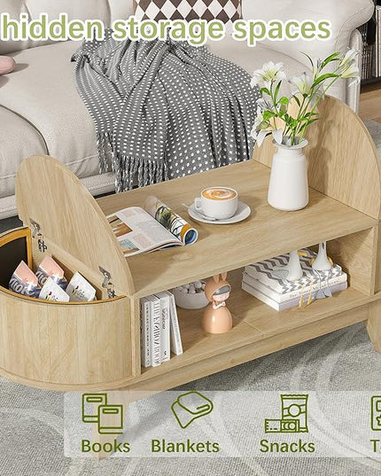 Coffee Table with 2 Hidden Storage,Mid Century Modern Coffee Table with Fluted Finish,Wood Center Tables Oval Coffee Tables with Flip-Top Lids for Living Room Home Office (Oak)
