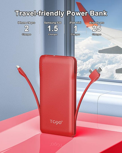 TG90° Portable Charger 10000mah Cell Phone Battery Backup, Ultra Slim Power Bank with Built in Cables(No AC Plug), Portable Phone Charger Battery Packs Compatible with iPhone Android Phones