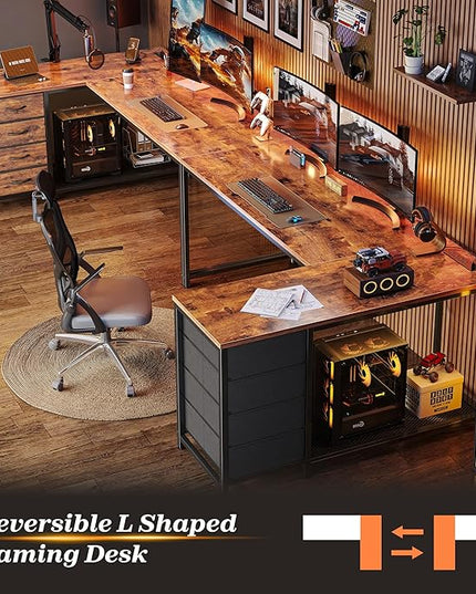 PRAISUN 61" L Shaped Desk with Power Outlets and USB-C Port, Reversible Computer Corner Office Desk with 4 Fabric Drawers and 2 Height-Adjustable Shelves, Large for Gaming Writing Study, Rustic Brown