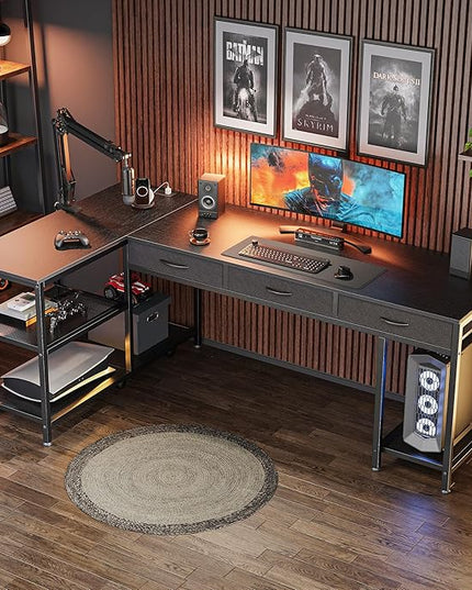 PRAISUN 63 Inch L Shaped Office Desk with Power Outlets and Type-C Port, Large Computer Gaming Desk with 3 Fabric Drawers, Mesh Shelves, Corner Study Work Writing Desk, Black