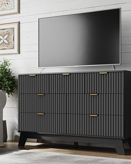 BORNOON Fluted 7 Drawer Dresser, 47.2" Wide Modern Boho Chest of Drawers, Wooden Storage Dresser TV Stand for Bedroom, Living Room, Closet, Hallway, Curved Profile Design