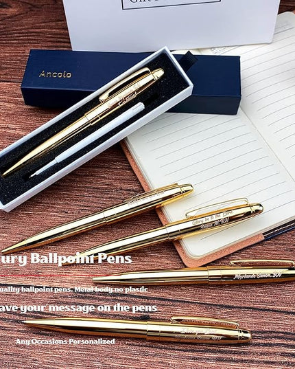 Ancolo Personalized Retractable Ballpoint Pens Stainless Steel Fancy Pens Engraved with Your Name Logo or Message, Phone Number Black ink Perfect for Bank, Office, Hotel 5 Pcs/Pack
