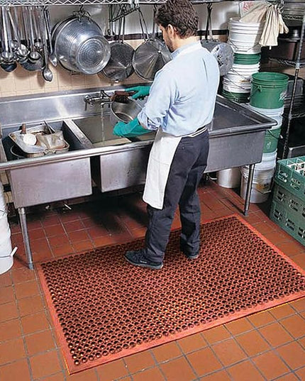NoTrax 3' x 3' Anti-Fatigue Lightweight Restaurant Rubber Floor Mat with Drainage Holes, Beveled Edges, Non-Slip Mats, Red, T30 Competitor, T30S0033RD