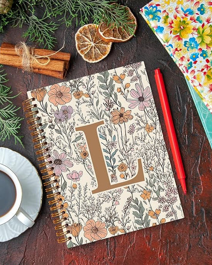 JXREQ Vintage Boho Floral Personalized Notebook, Initial Letter L Notebook Journal, Monogram Notebook, Monogrammed Gifts for Women, Boho Office Supplies, Flower Spiral Notebook 5.5x8.3
