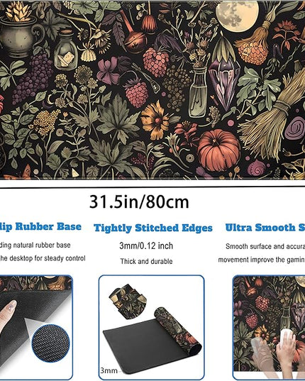 Desk Mat Botanical Witchery Mouse Pad Gaming Mat Dark Keyboard Mat, Long Mouse Mat XXL Extended Desktop Pad Computer Mats with Stitched Edges, Office Desk Accessory Home Decor 31.5" x 15.7"