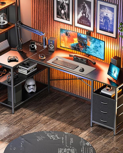 Huuger L Shaped Desk with Power Outlets, 63 Inch Reversible Computer Desk with 3 Drawers and Shelves, Home Office Table for Corner Work Study Writing Gaming, Black