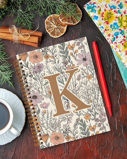 JXREQ Vintage Boho Floral Personalized Notebook, Initial Letter K Notebook Journal, Monogram Notebook, Monogrammed Gifts for Women, Boho Office Supplies, Flower Spiral Notebook 5.5x8.3