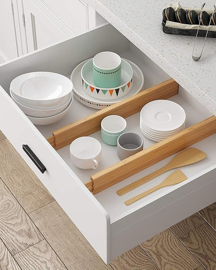 BAMEOS Drawer Dividers kitchen Organization Bamboo Utensil Organizers for Kitchen Bedroom Bathroom Dresser Office 4-pack