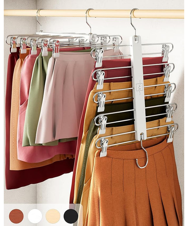 MORALVE Skirt Hangers Space Saving with Clips - 2 Pack - European Beechwood 5-Tier Hanger for Shorts, Skirts, and Pants - Closet Organizer and Storage Solution for Women with 360° Swivel Hook
