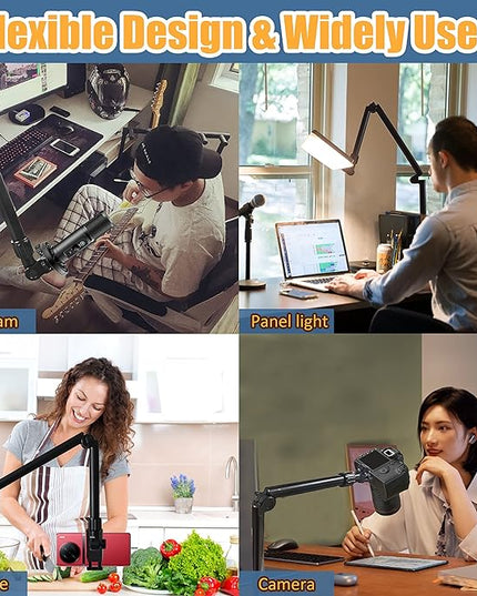 Overhead Camera Mount Desk Stand, Bearing 18lb, Base& Top 360° Adjustable, with 1/4“ 3/8" 5/8" Screw, 3-Section Flexible Articulating Metal Arm for DSLR Camera/Webcam
