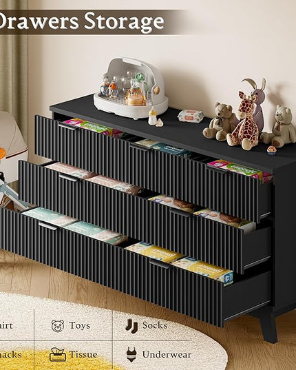 BORNOON 57" Long Dresser for Bedroom, 7-Drawer Fluted Chest, Wide Wood Storage Dresser with Metal Slides and Handles, Stable Base, Modern Clothes Organizer for Primary Suite, Guest Room, Nursery