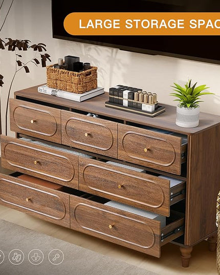 ORRD Fluted 7 Drawer Dresser for Bedroom, Modern Mid Century Chest of Drawers, Wood Storage Large Dresser Organizer for Bedroom Living Room Closet Hallway, Walnut