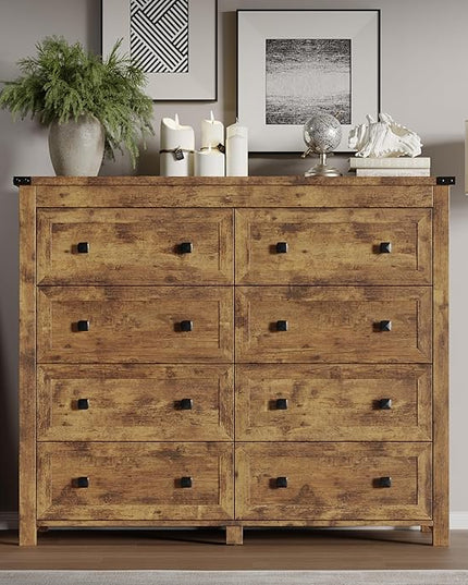 BORNOON Tall 8-Drawer Dresser, Modern Wooden Storage Chest of Drawers, Dresser TV Stand, Wood Drawer Organizer with Metal Handles for Bedroom, Living Room, Hallway