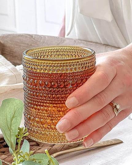 Kate Aspen Beaded Amber Drinking Glasses Set of 6-10 oz Vintage Glassware Set Jupiter Glasses, Cocktail Glass Set, Juice Glass, Water Cups Hostess Gift, Present, Gift for Newlyweds