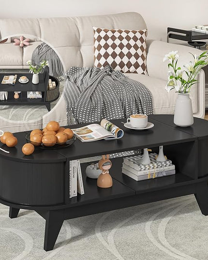 Coffee Table with 2 Hidden Storage,Mid Century Modern Coffee Table with Fluted Finish,Wood Center Tables Oval Coffee Tables with Flip-Top Lids for Living Room Home Office (Black)