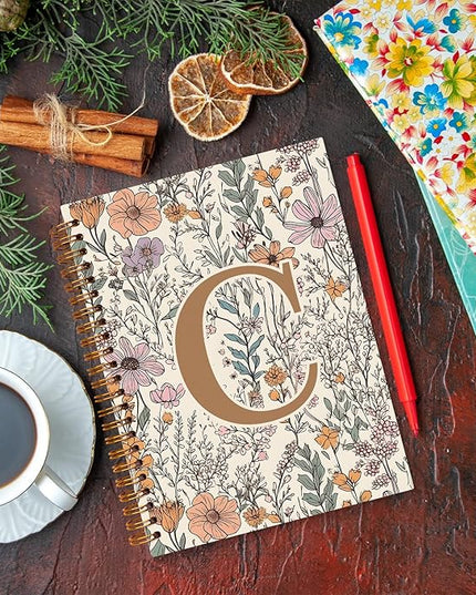 JXREQ Vintage Boho Floral Personalized Notebook, Initial Letter C Notebook Journal, Monogram Notebook, Monogrammed Gifts for Women, Boho Office Supplies, Flower Spiral Notebook 5.5x8.3