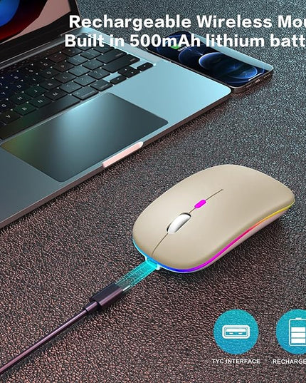 Wireless Bluetooth Mouse - Rechargeable Laptop Mice - with LED Lights,Dual Mode(Bluetooth 5.2 & Portable USB 2.4G) Connection,Silent - Computer Mouse for Laptop,iPad,Tablet,MacBook,& PC(Gold)