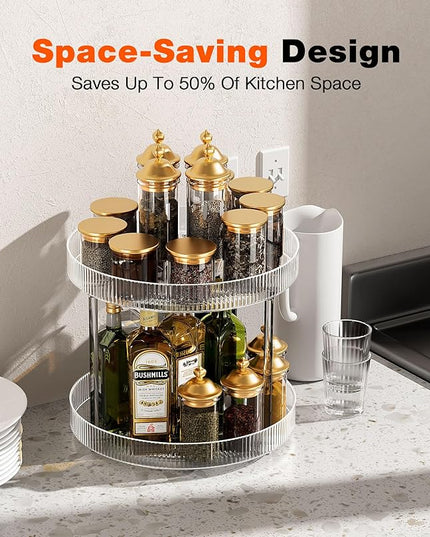 360° Clear Rotating Storage Tray, 2 Tier Lazy Susan Bathroom Countertop Organizer, Cosmetics and Perfume Organizer, Spinning Storage Tray Vanity Organizer Shelf for Bathroom Cabinet, Kitchen(Medium)