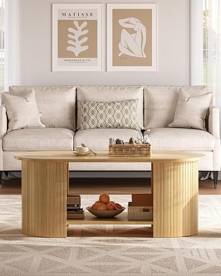 OneBlis Oval Fluted Coffee Table, 2-Tier Center Table with Large Storage, Mid-Century Modern Wood Coffees Table for Living Room, Home Office, Small Space, Oak
