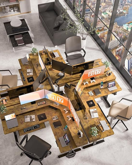 63 x 55 inch L Shaped Standing Desk with 4 Drawers & USB Charging Port, Electric Adjustable Height Corner Stand Up Desk with Keyboard Tray, Rustic Brown