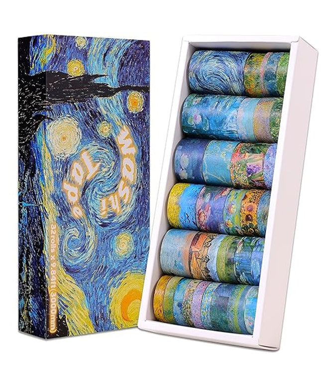 emmoolife 32 Rolls Washi Tape Set, Oil Painting Decorative Masking Tape, Van Gogh Adhesive Tape for Bullet Journal, DIY Crafts Gift, Party Decorations, Junk Journal, School Supplies
