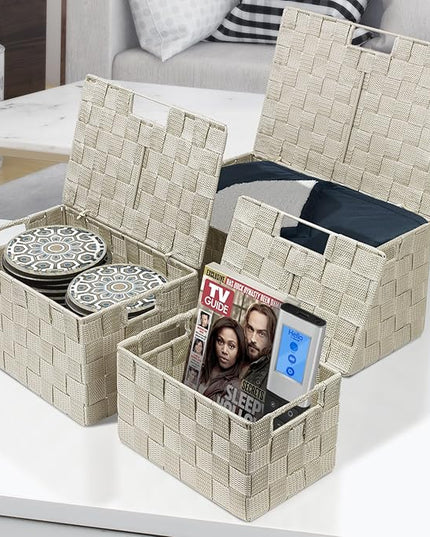 Sorbus Set of 3 Storage Baskets for Organizing with Lid – Mesh Hand-Woven Baskets for Closet, Shelf & Home Storage (Beige, Variety Pack)