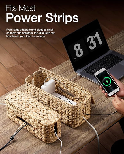 TIDITA Set of 2 Wicker Large Cable Management Box - Cord Box Hider for Home, Office - Water Hyacinth Cable Hider Box, Surge Protector Box for TV Wires, Computer - Power Strip Box - 3 Slots, Secure Lid