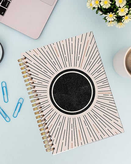 VNWEK Abstract Boho Black Sun Sunshine Sunray Sunburst Spiral Notebook Journal 5.5 x 8.3 inches,Boho Lined Hardcover Spiral Notebook,Boho Gifts for Women Teen Girls Teens