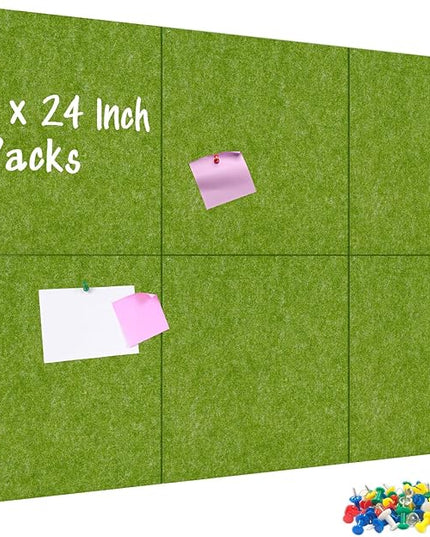 DOLLAR BOSS Felt Cork Board Tiles, 6 Packs 12" x 12" 1/2" Thick Cork Bulletin Board Self Adhesive Corkboards for Walls with 60 Pushpins for Home Office Kitchen School Decor Display, Green
