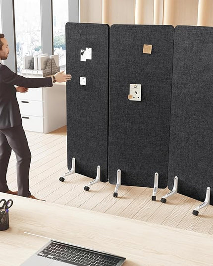 70.8" W x 63" H Freestanding Partition Room Dividers, Acoustic Panels with Wheels, 3 Soundproof Privacy Panels for Office, Reception Room, School, Hospital, Dark Grey